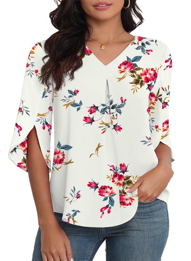 LAOLASI Womens Summer Clothes Elegant 3/4 Sleeve V Neck Chiffon Blouses for Women Casual Flowy Tops Shirts,Floral White,XXL - Image 1